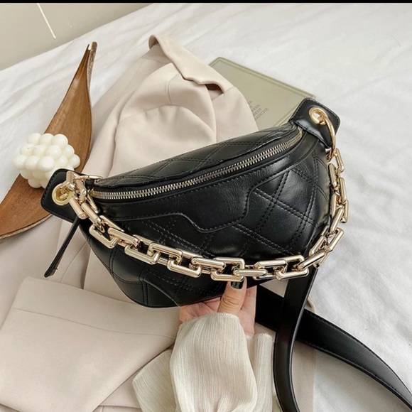 unbranded Handbags - crossbody crescent bag sling Gold black adjustable strap chain detail
